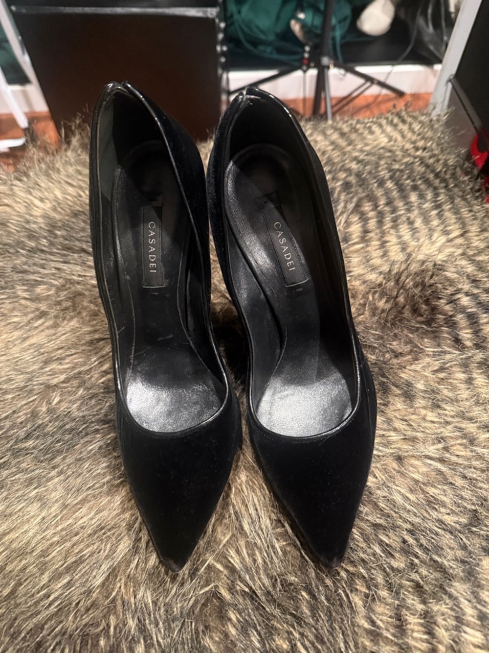 Casadei Black Blades Pointed Toe Stiletto Velvet Pumps 8.5
